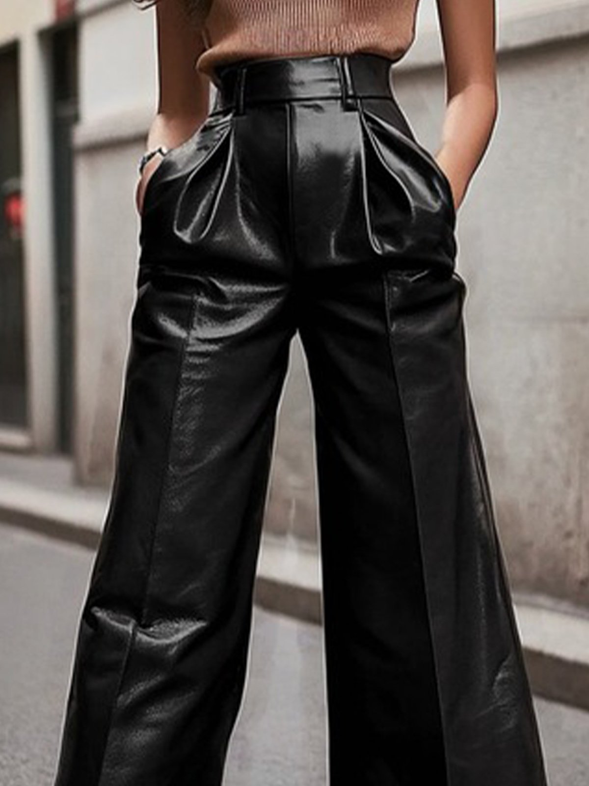 Urban Plain Faux Leather Wide leg  Pants