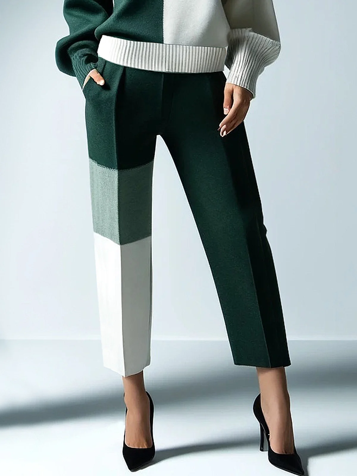 Casual Color Block Ankle  Pants