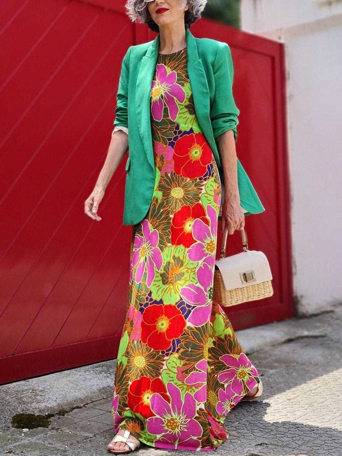 Casual Floral Short Sleeve Crew Neck Maxi Dress