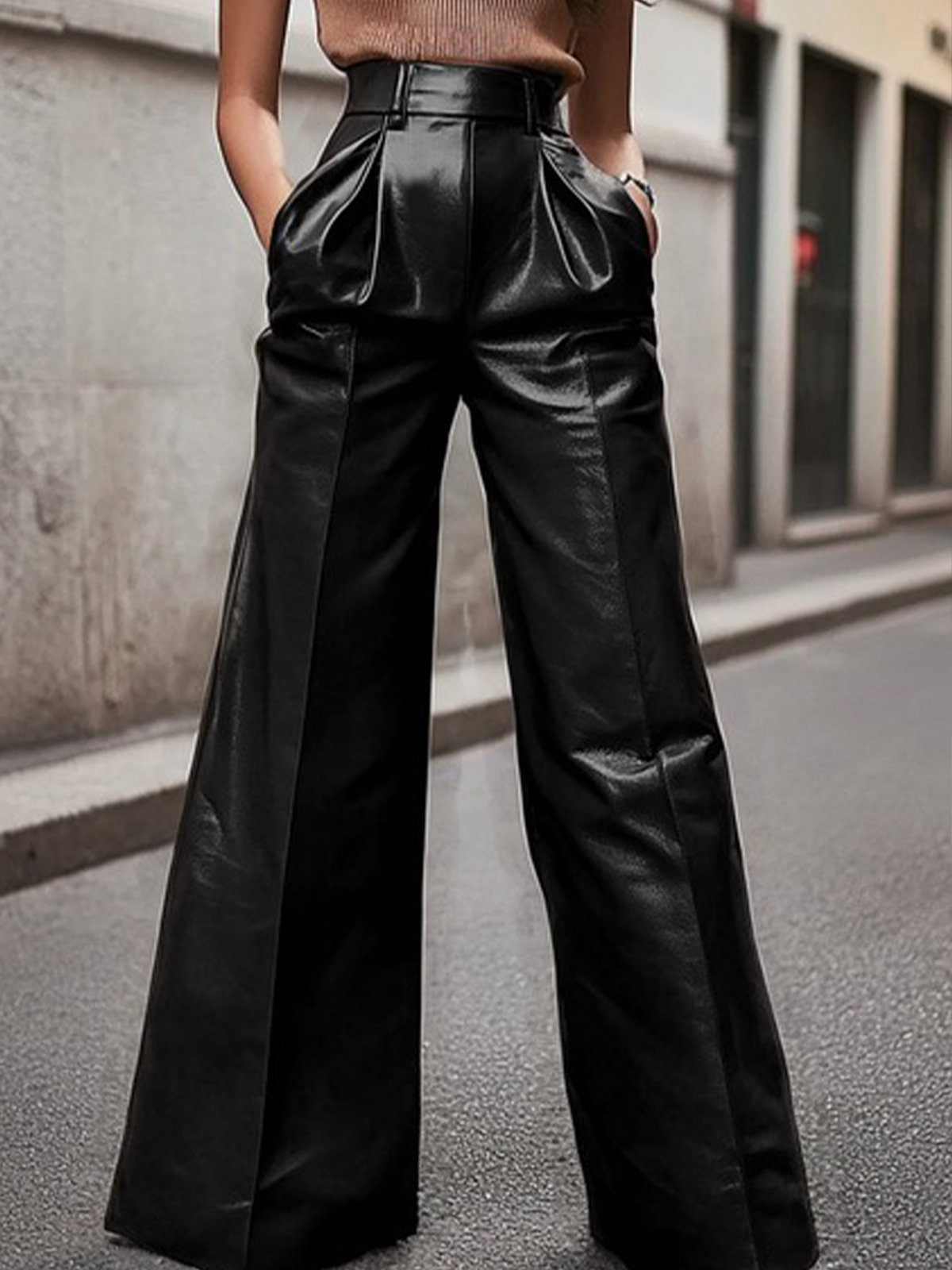 Urban Plain Faux Leather Wide leg  Pants