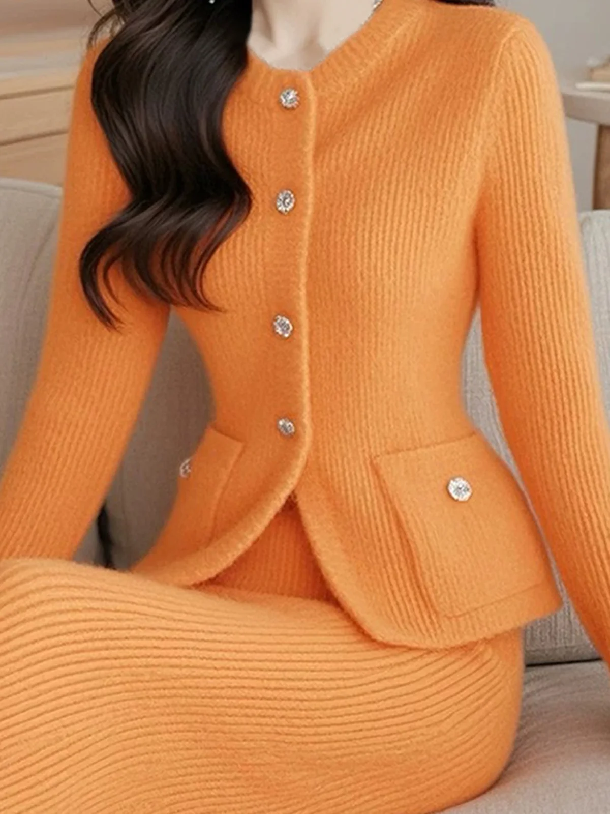 Elegant Plain Crew Neck Buttoned Cardigan Sweater