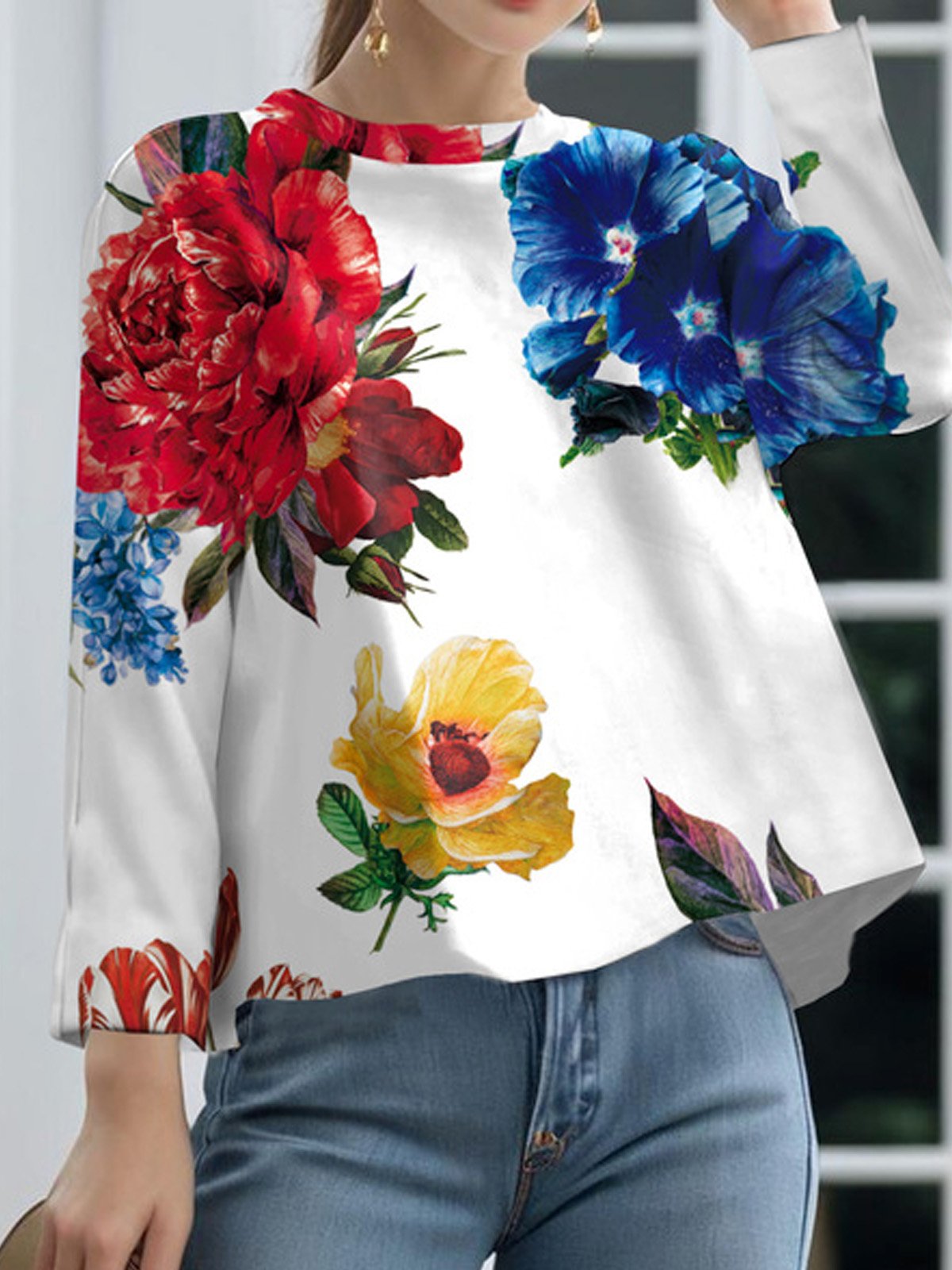 Casual Crew Neck Loose Floral Blouse