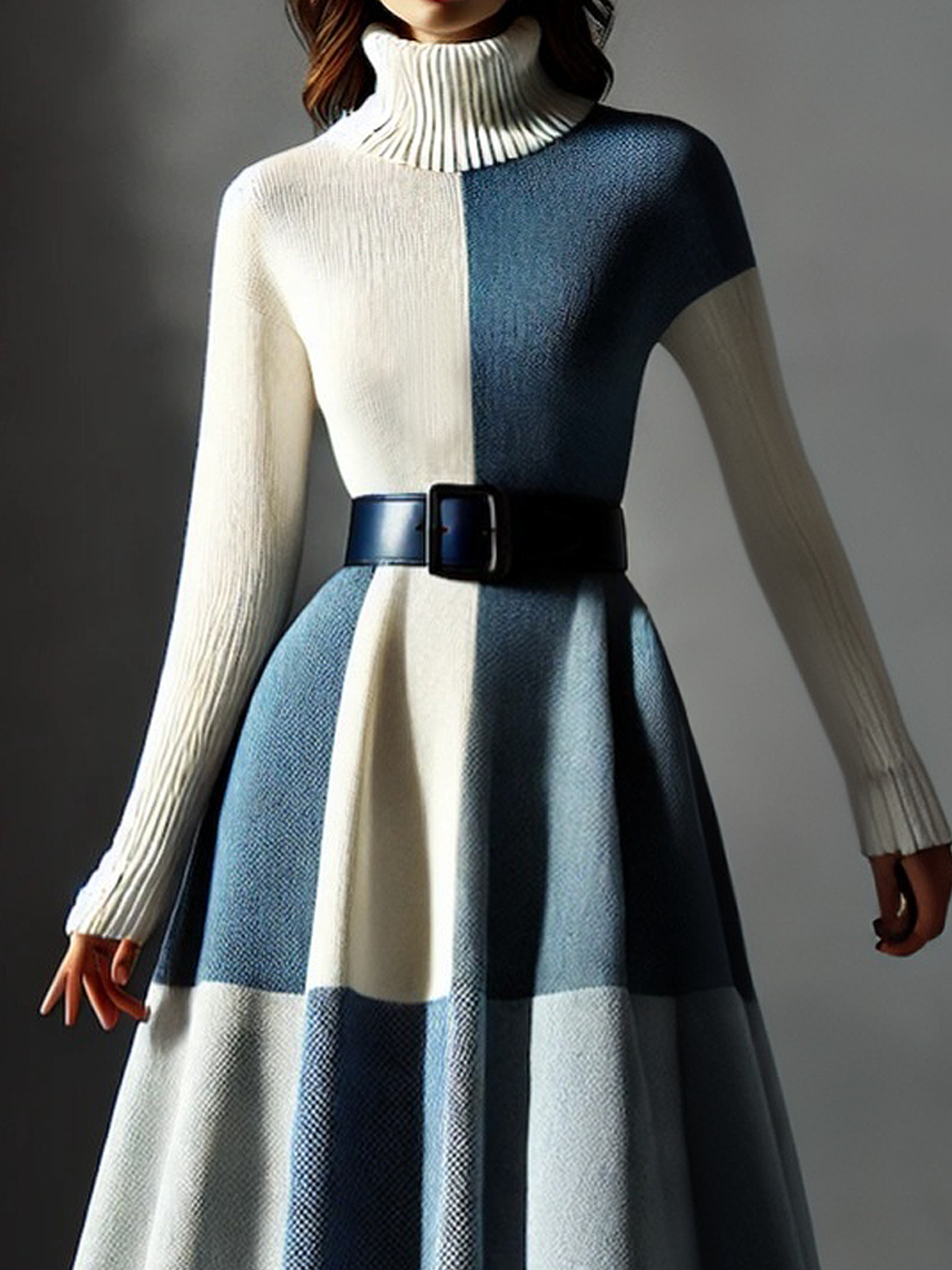 Elegant Color Block Sweater Dress With No Belt