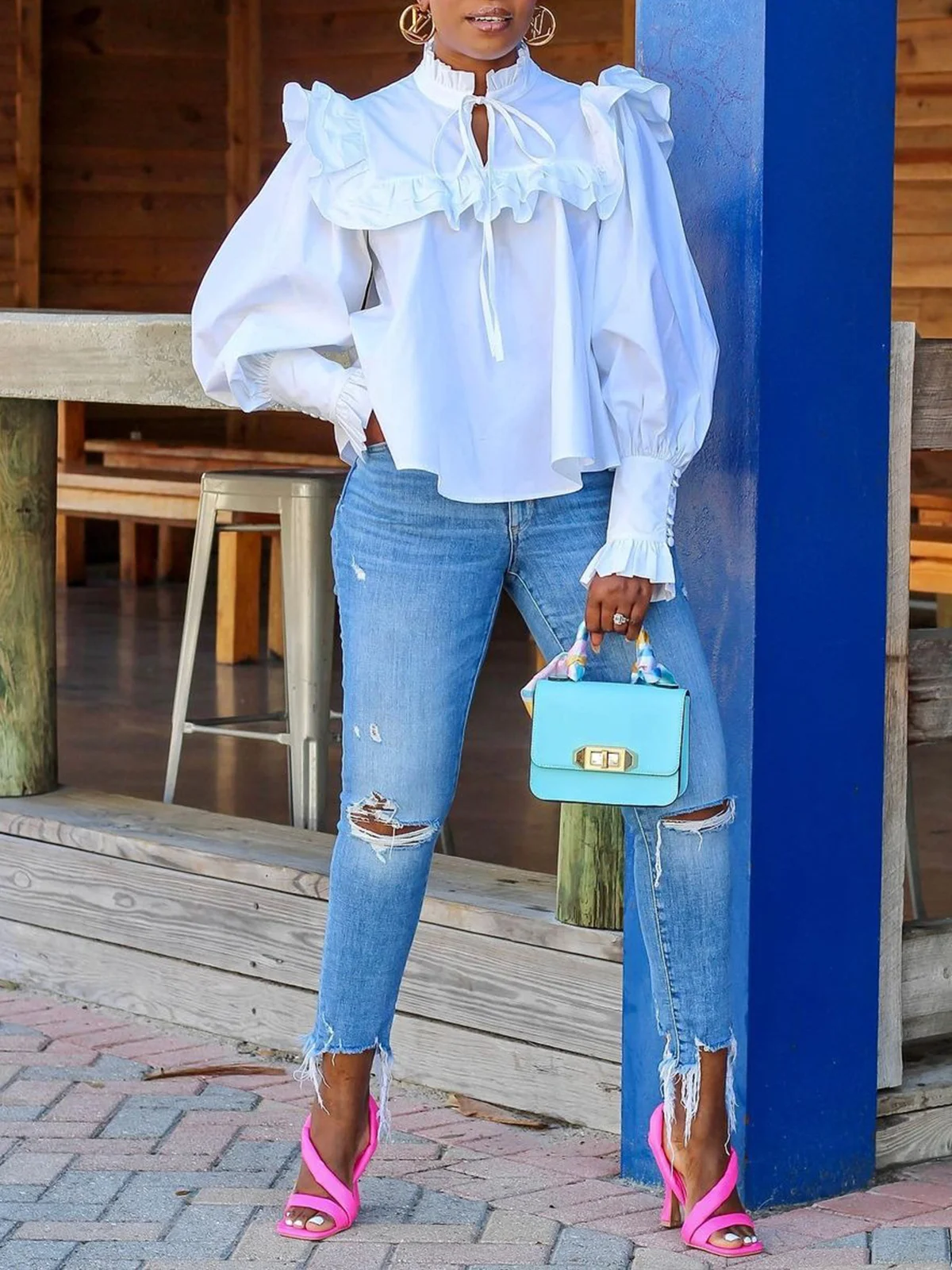 Ruffle Sleeve Plain Elegant Blouse