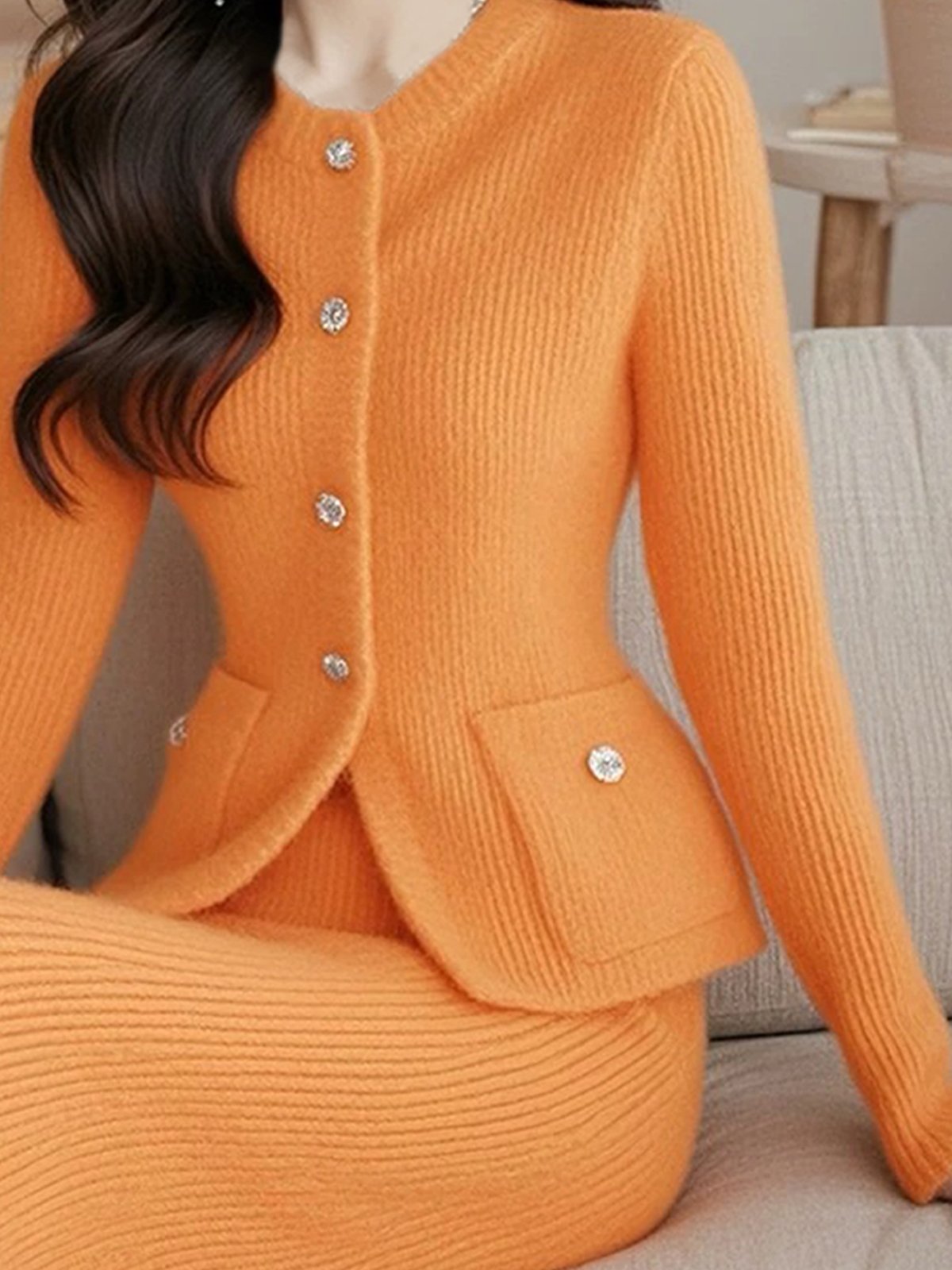 Elegant Plain Crew Neck Buttoned Cardigan Sweater