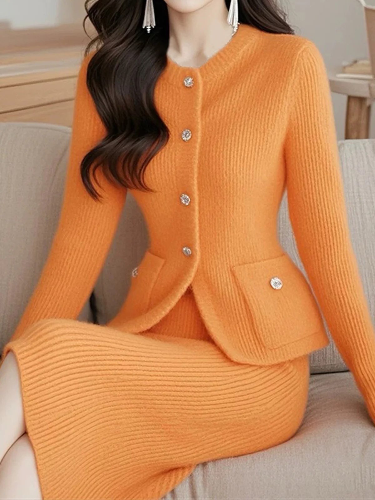 Elegant Plain Crew Neck Buttoned Cardigan Sweater