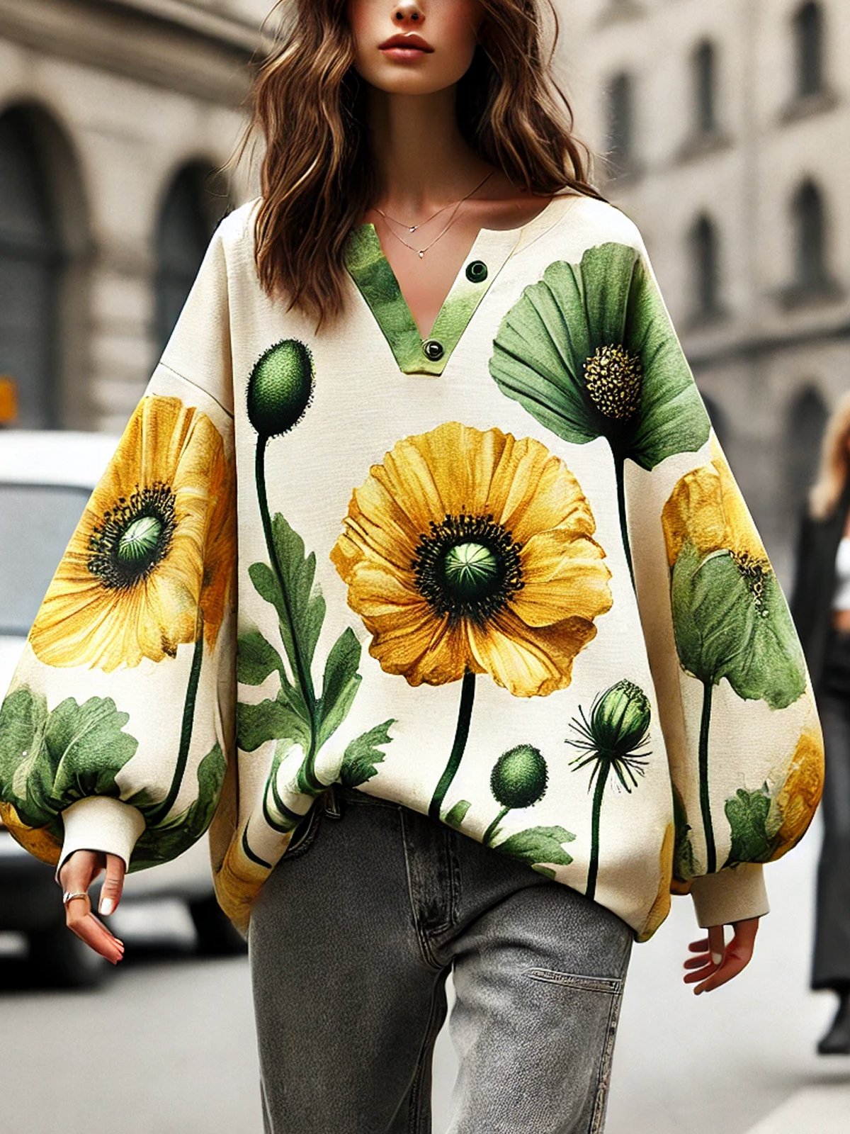 Printing Balloon Sleeve Floral Loosen Casual Sweatshirt