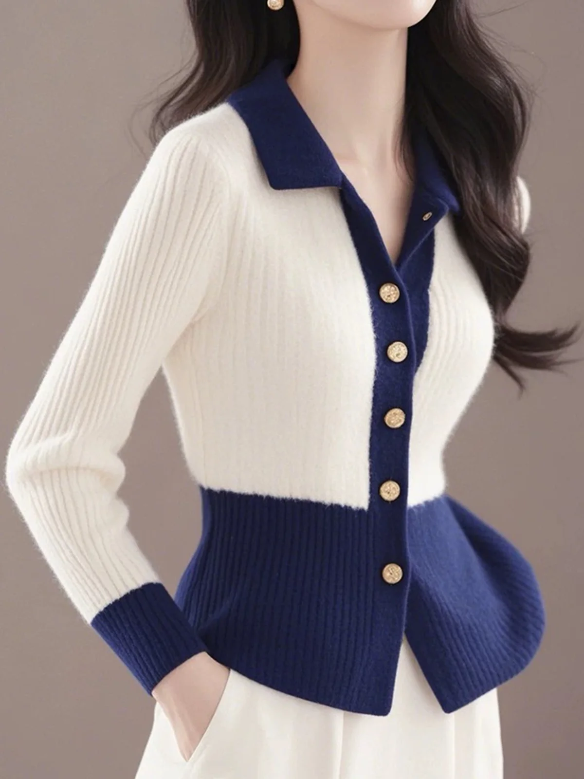 Color Block Buttoned Casual Sweater