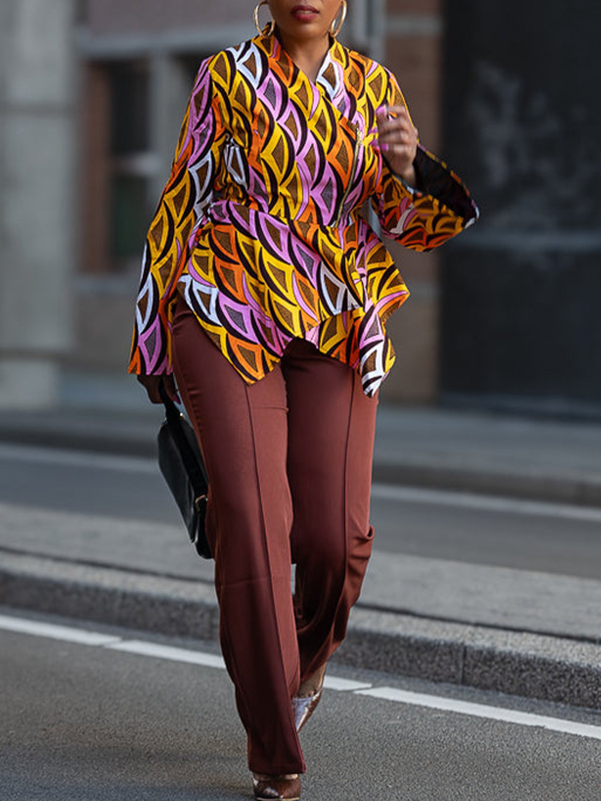 Urban Geometric Printing Cross Neck Blouse