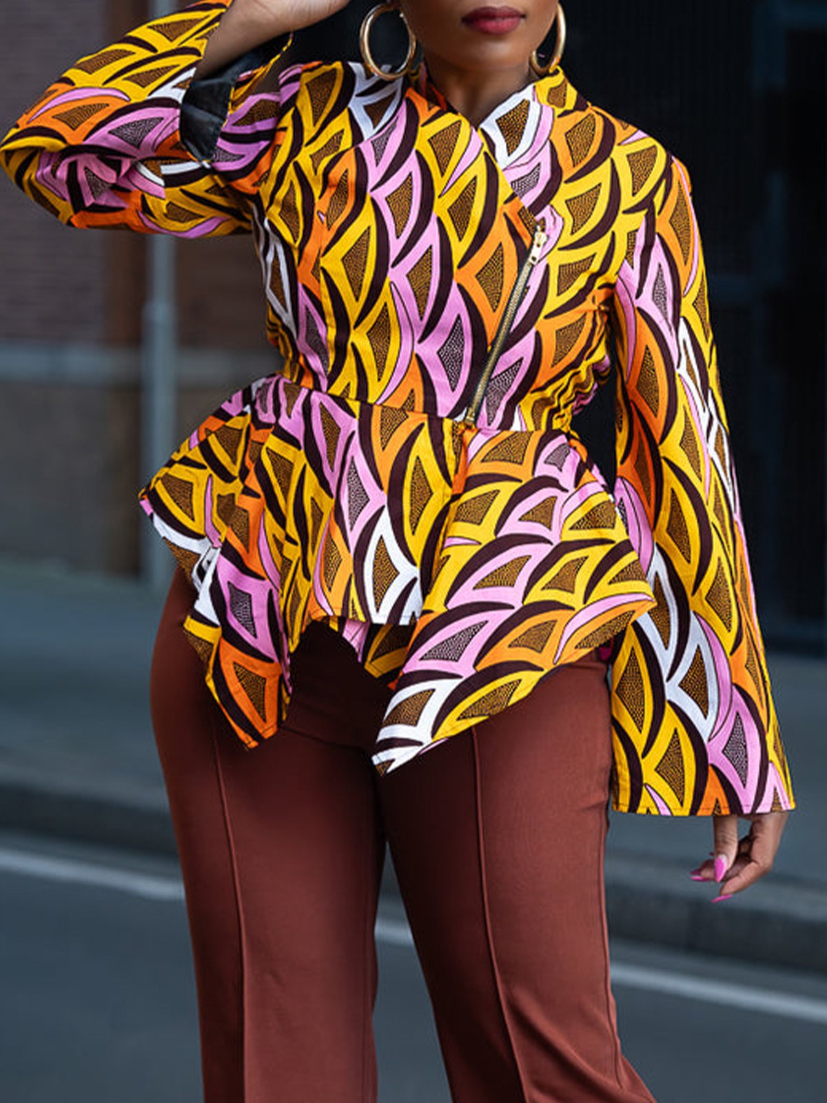 Urban Geometric Printing Cross Neck Blouse