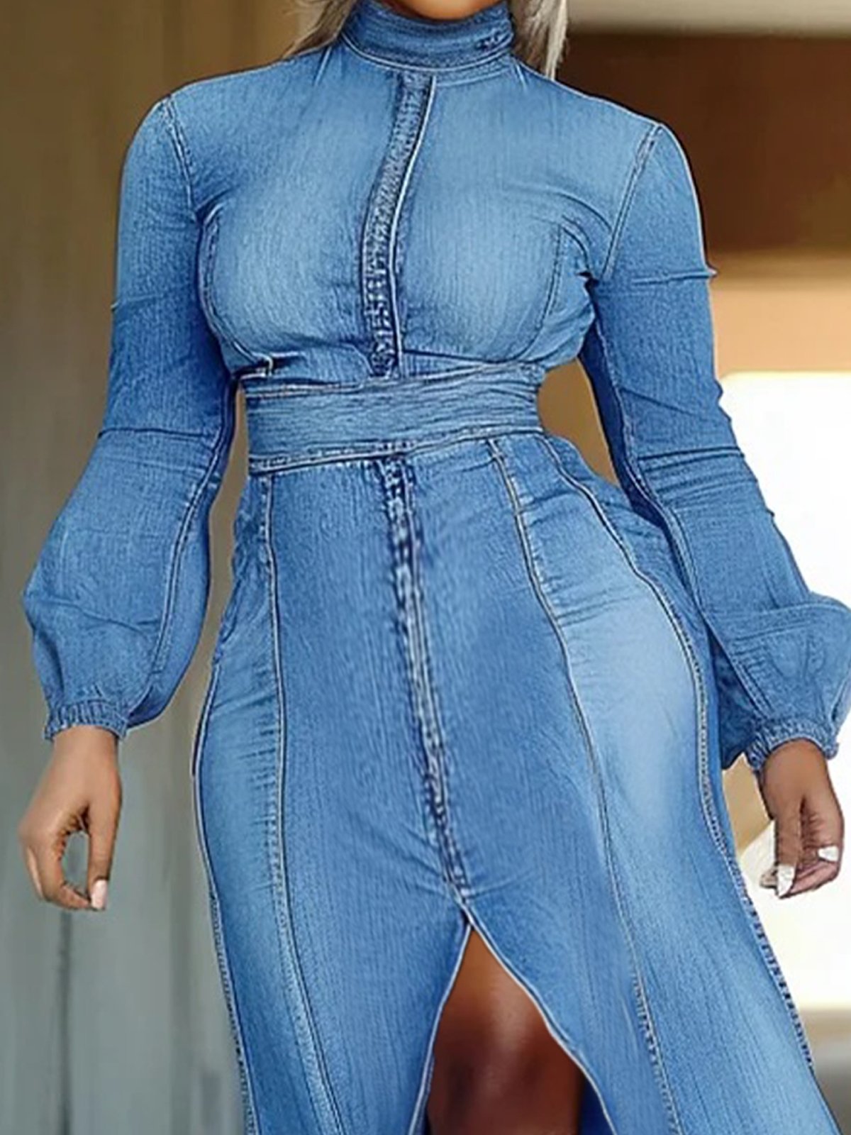 Balloon Sleeve Elegant Long Denim Dress