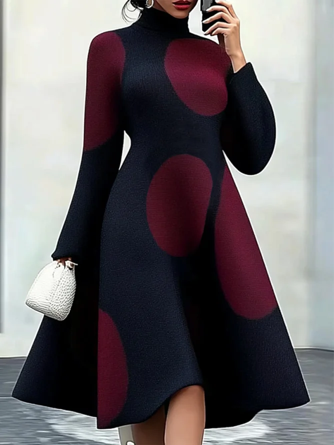 Plus Size Elegant Polka Dots Turtleneck Dress