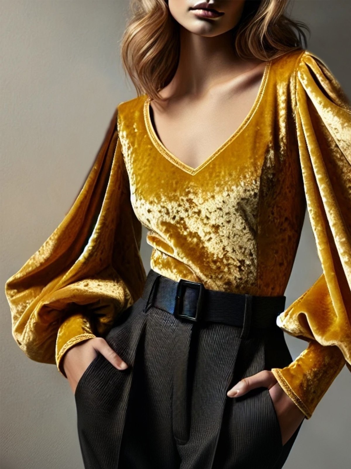 Velvet Elegant Plain V Neck Balloon Sleeve Blouse