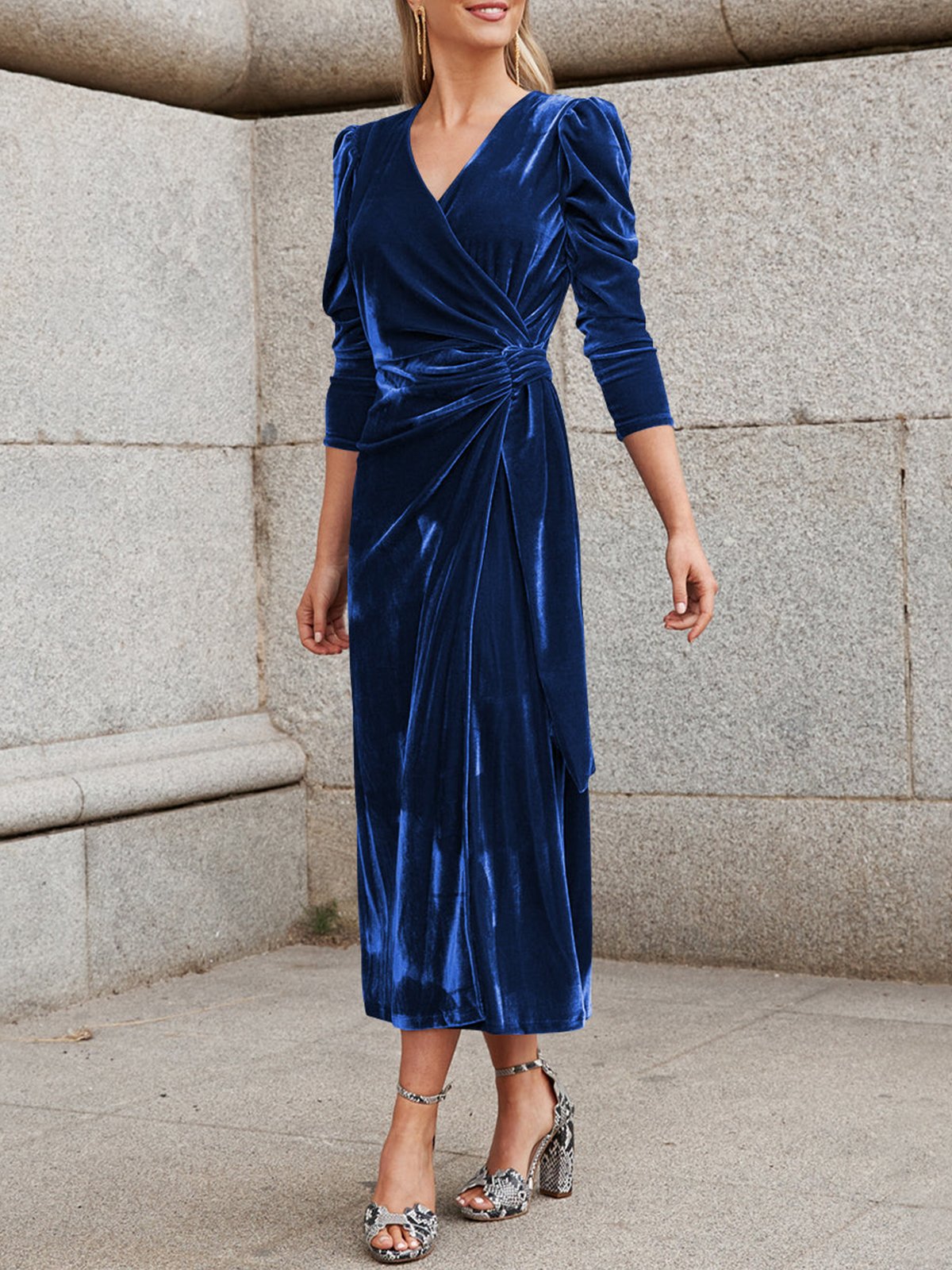 Elegant Plain Velvet  Ruched V Neck Midi Dress