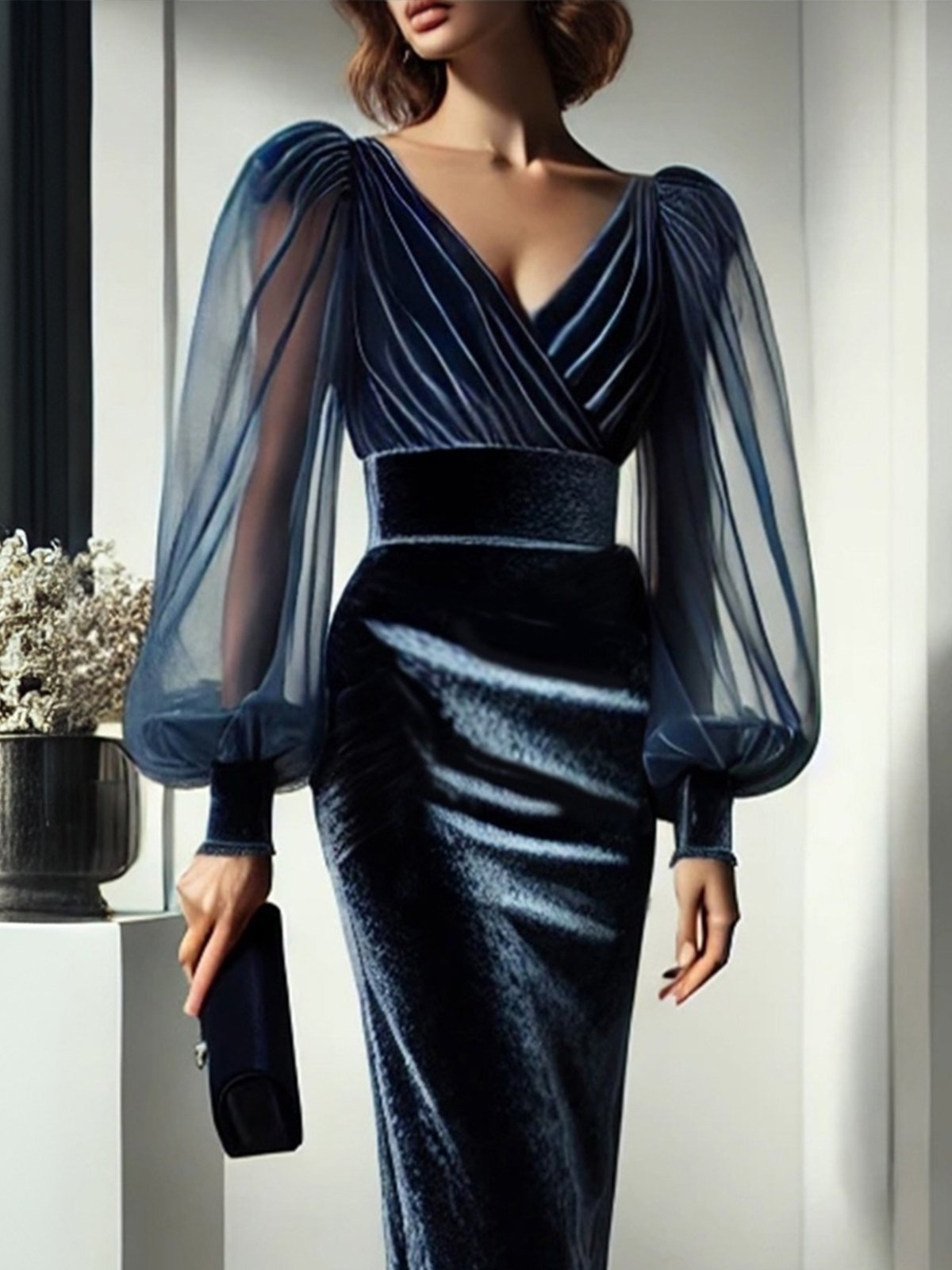 Elegant Plain Velvet Balloon Sleeve Ruched V Neck Midi Dress