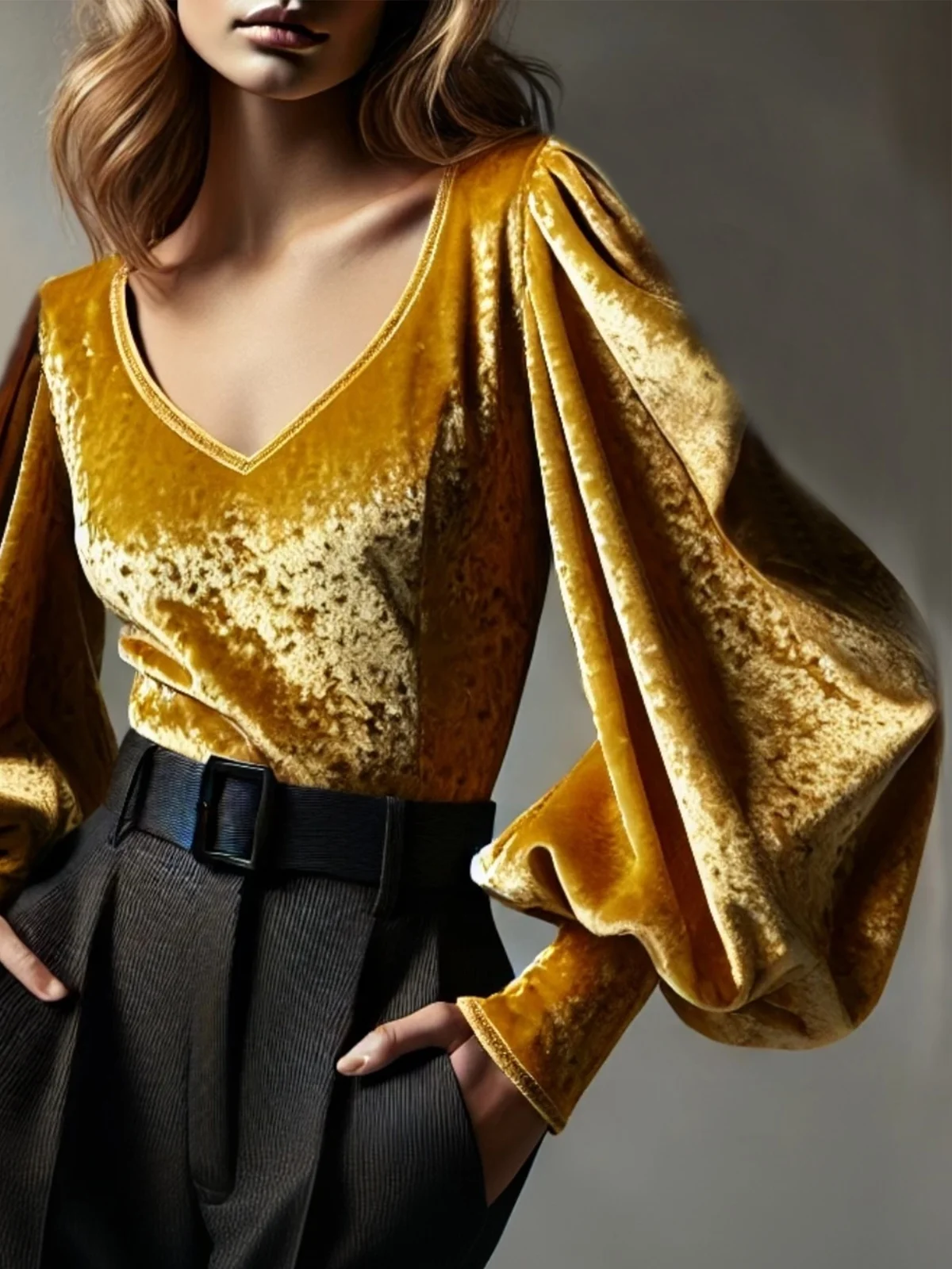 Velvet Elegant Plain V Neck Balloon Sleeve Blouse