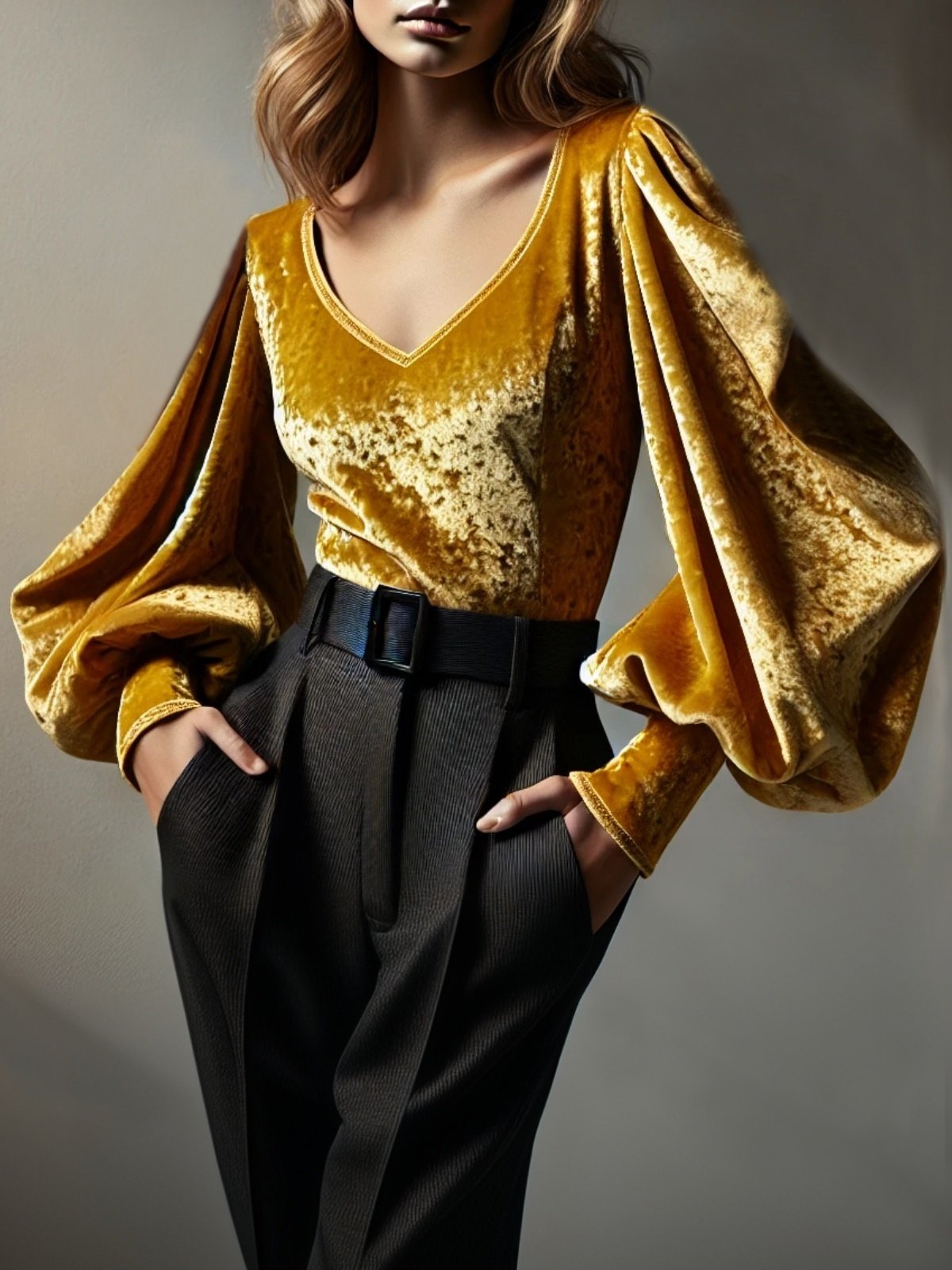 Velvet Elegant Plain V Neck Balloon Sleeve Blouse