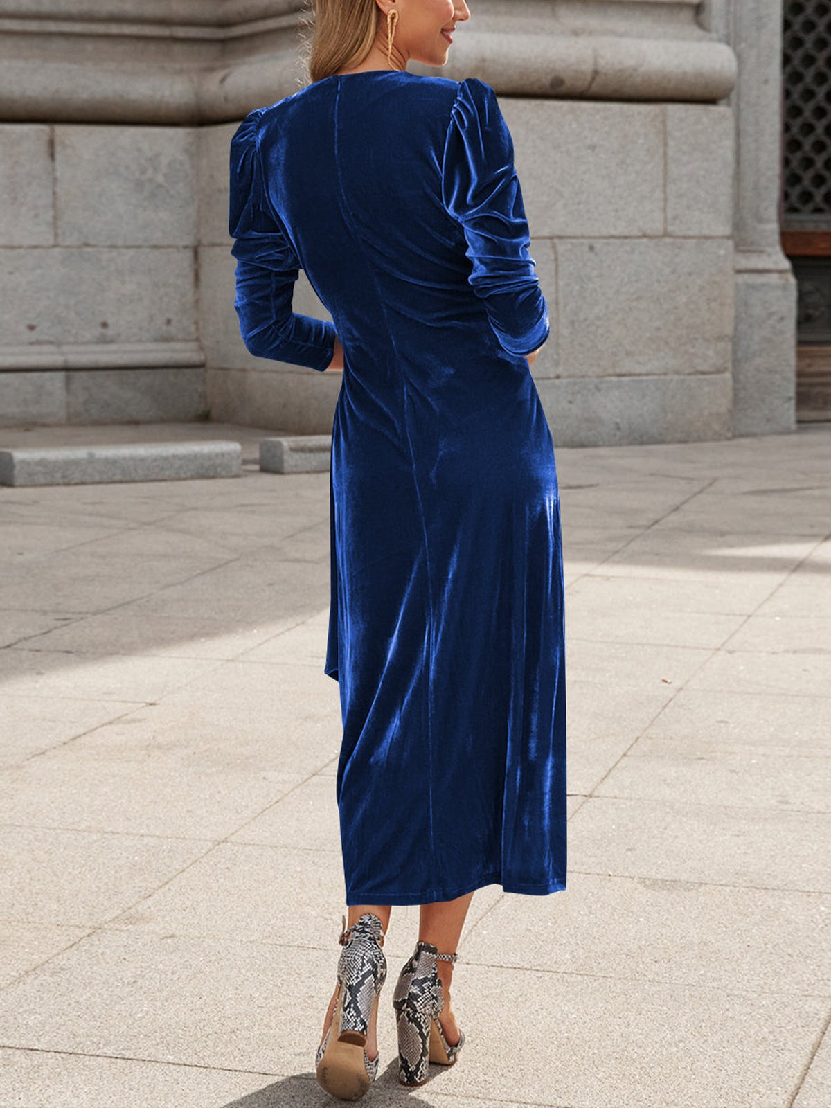 Elegant Plain Velvet  Ruched V Neck Midi Dress