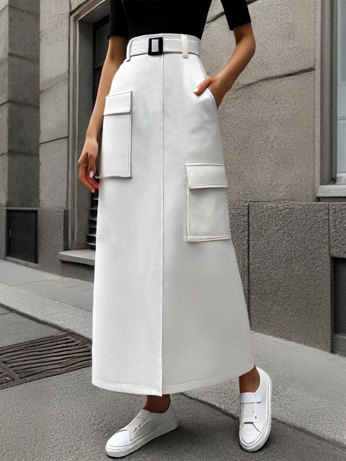 Casual Cargo Pockets Plain Maxi Skirt With Belt