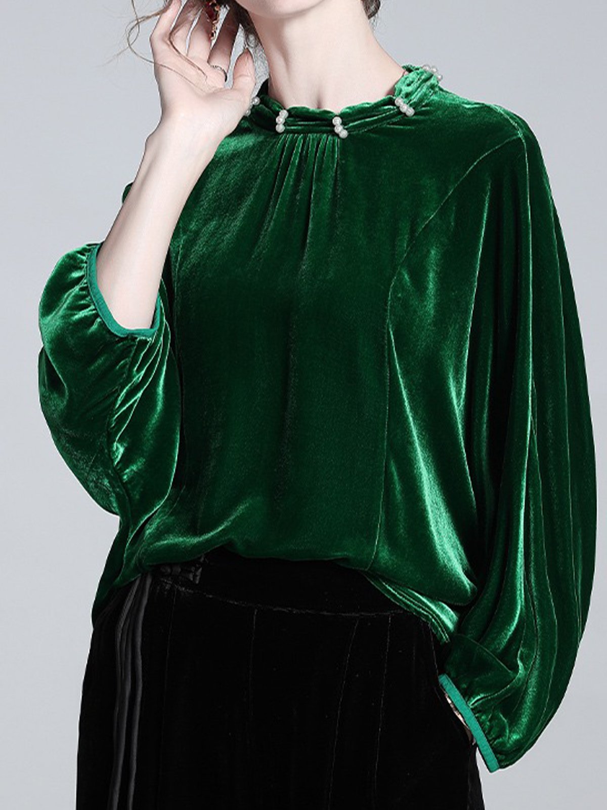 Velvet Elegant Plain Beaded Stand Collar Blouse