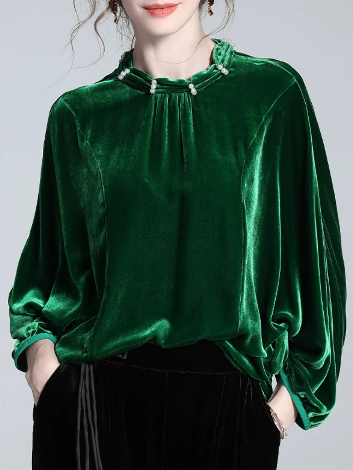 Velvet Elegant Plain Beaded Stand Collar Blouse