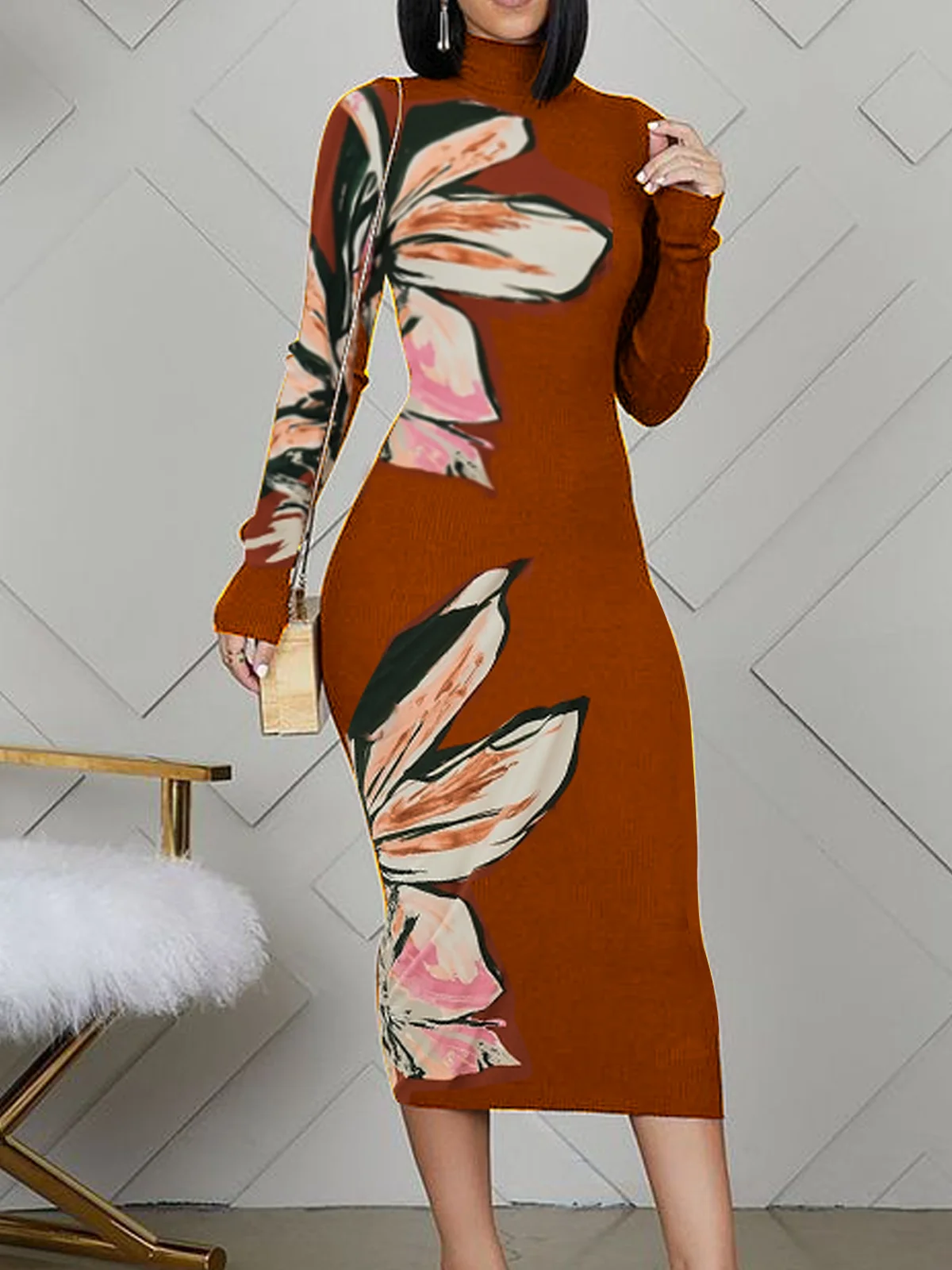 Medium Elasticity Elegant Floral  Midi Dress