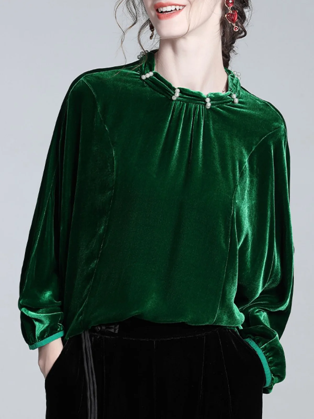 Velvet Elegant Plain Beaded Stand Collar Blouse