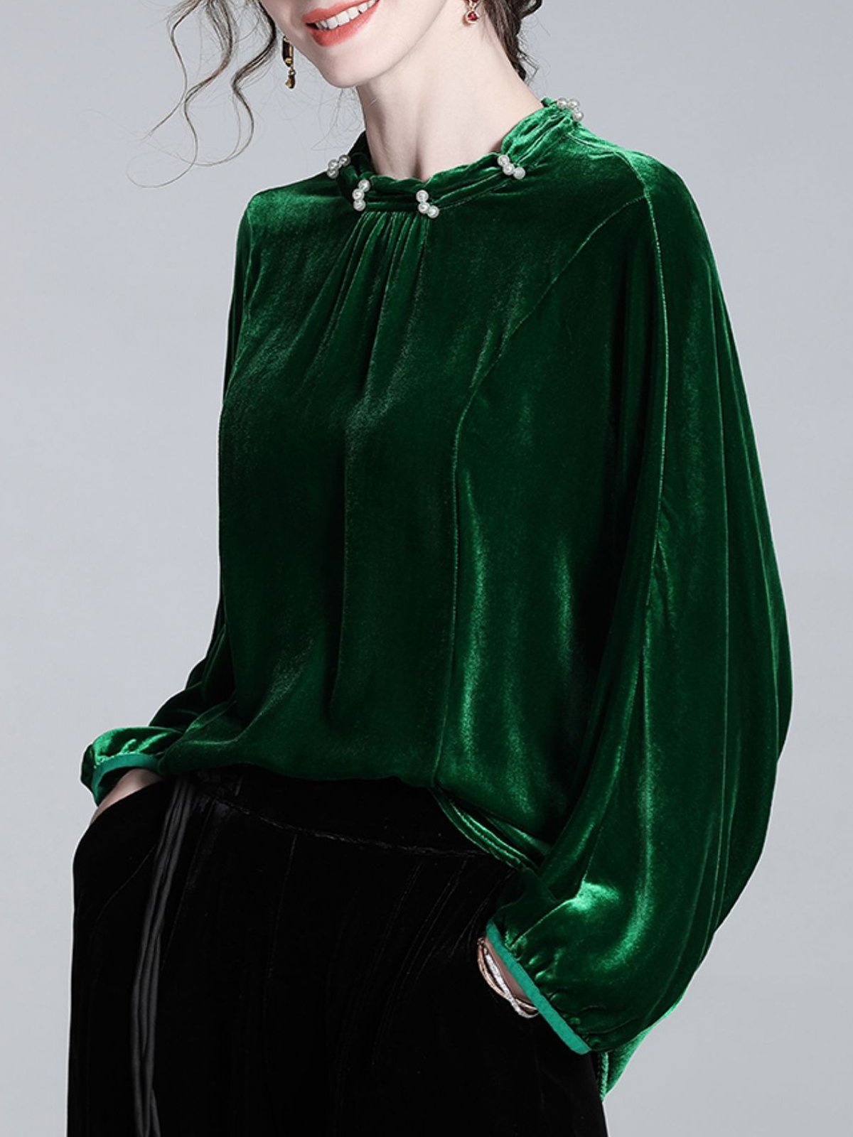 Velvet Elegant Plain Beaded Stand Collar Blouse