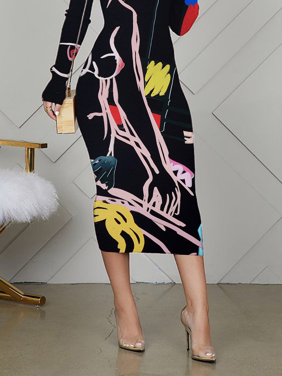 Elegant Abstract Stripes Printing Turtleneck Midi Dress