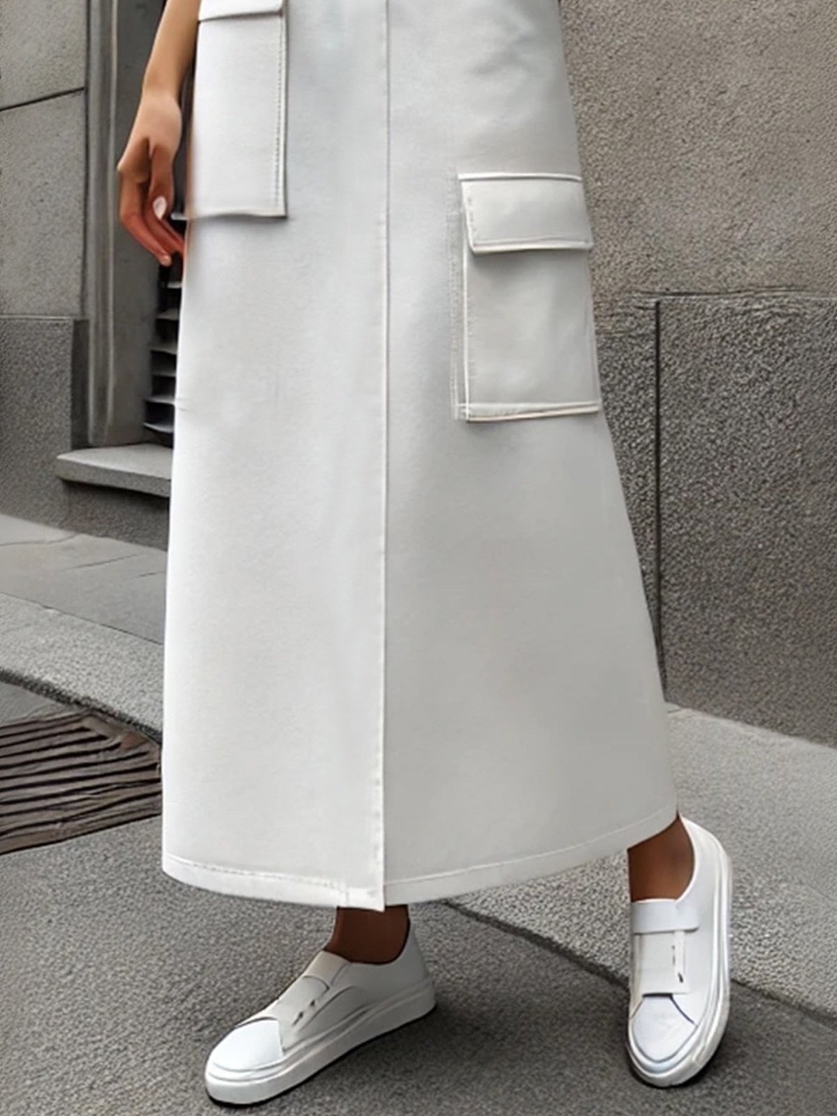 Casual Cargo Pockets Plain Maxi Skirt With Belt