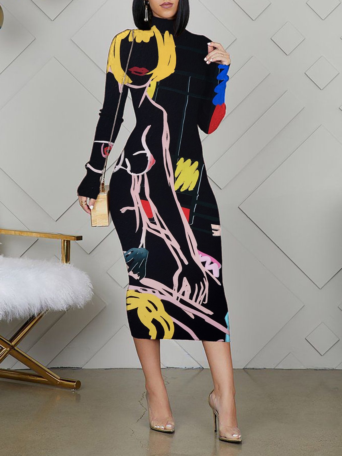 Elegant Abstract Stripes Printing Turtleneck Midi Dress