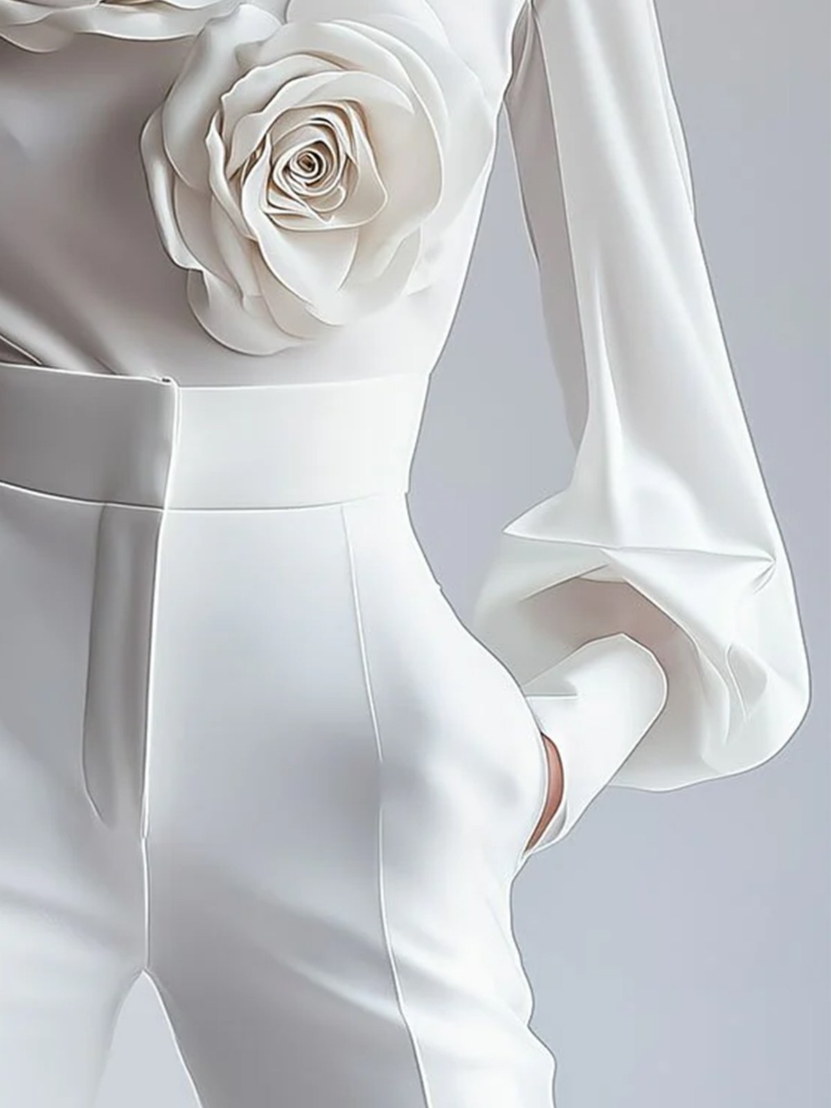 Elegant Plain 3D Floral Mock Neck Blouse