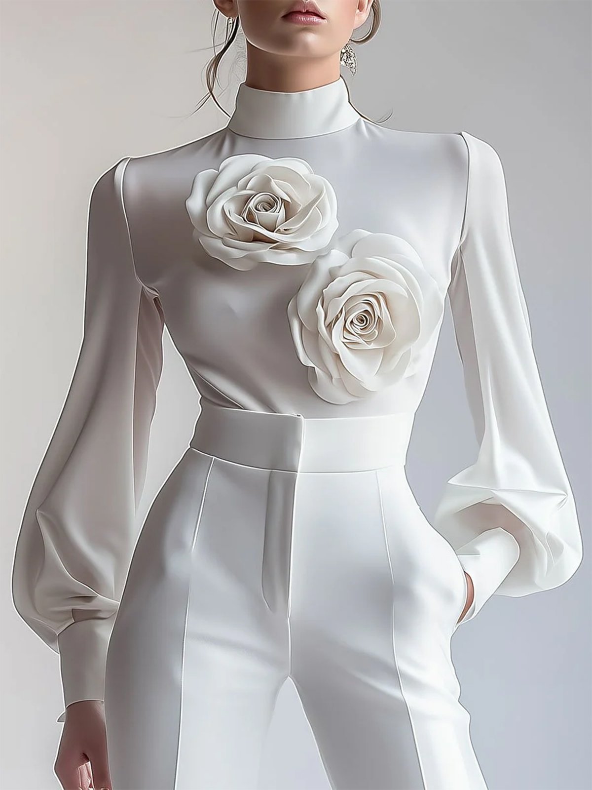 Elegant Plain 3D Floral Mock Neck Blouse