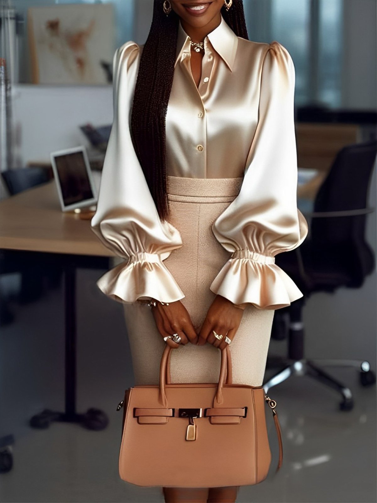 Urban Plain Shirt Collar Ruffle Sleeve Shirt