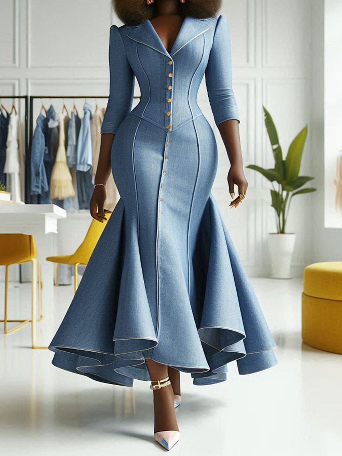 Elegant Plain Buttoned Shawl Collar Denim Maxi Dress