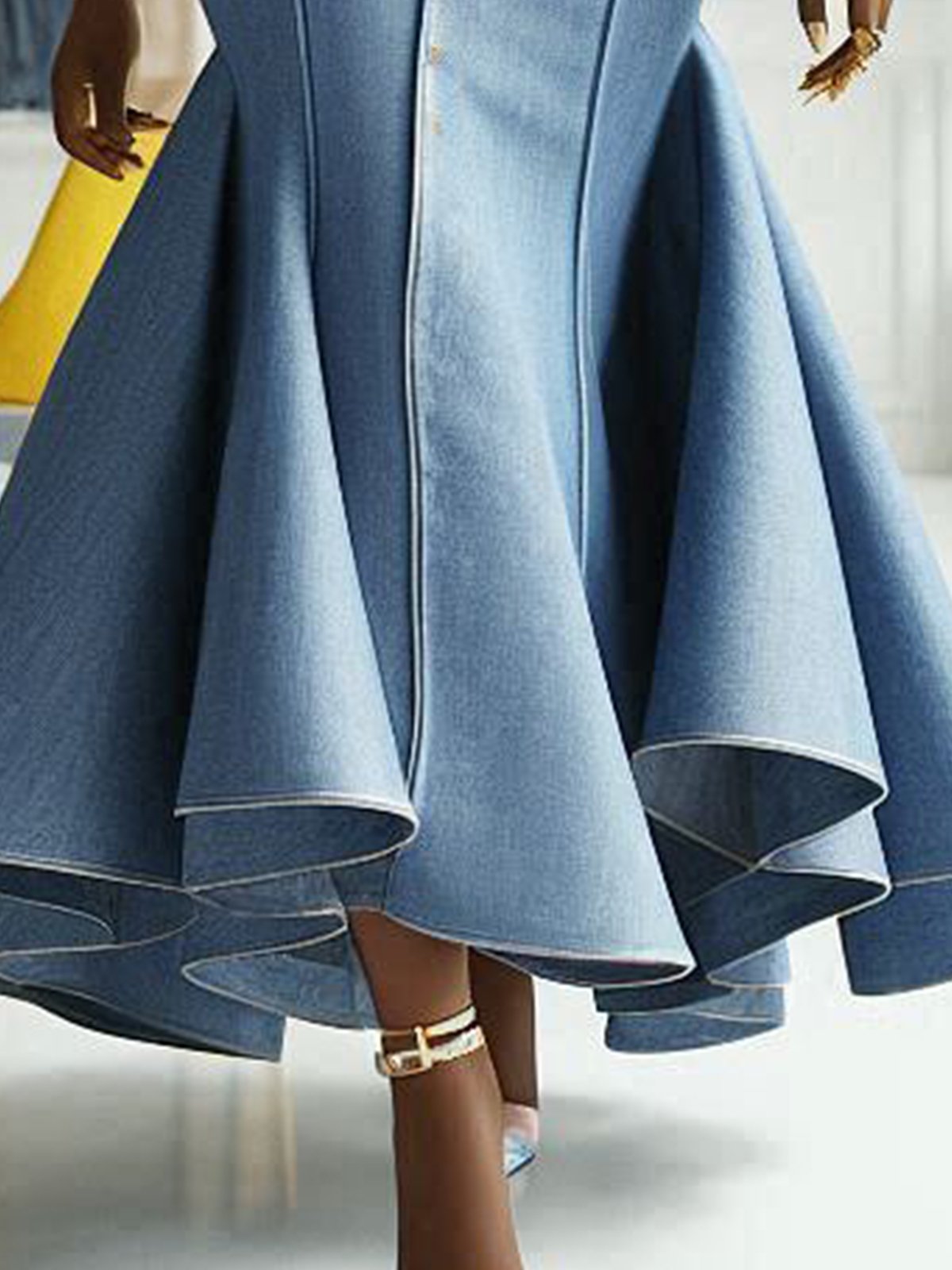 Elegant Plain Buttoned Shawl Collar Denim Maxi Dress