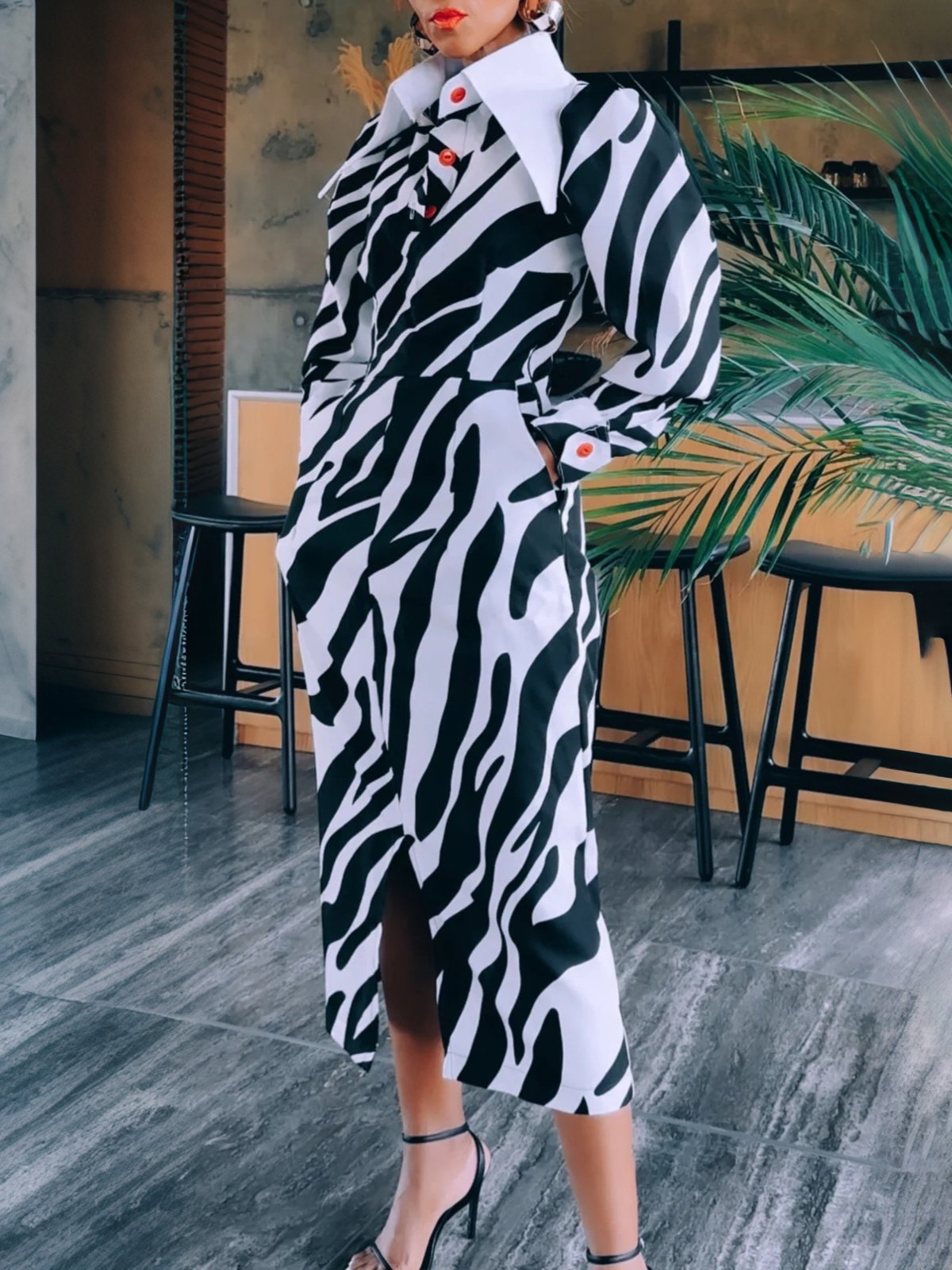 Urban Zebra Puff Sleeve Shirt Collar Midi Dress