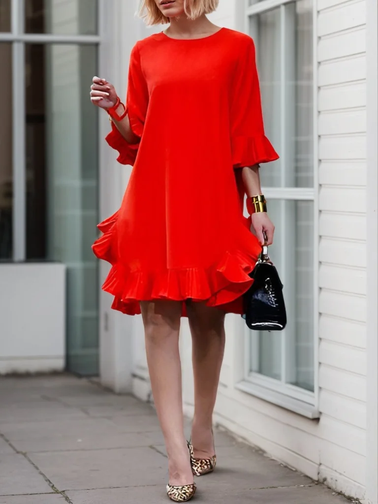 Plain Crew Neck Loose Elegant Dress