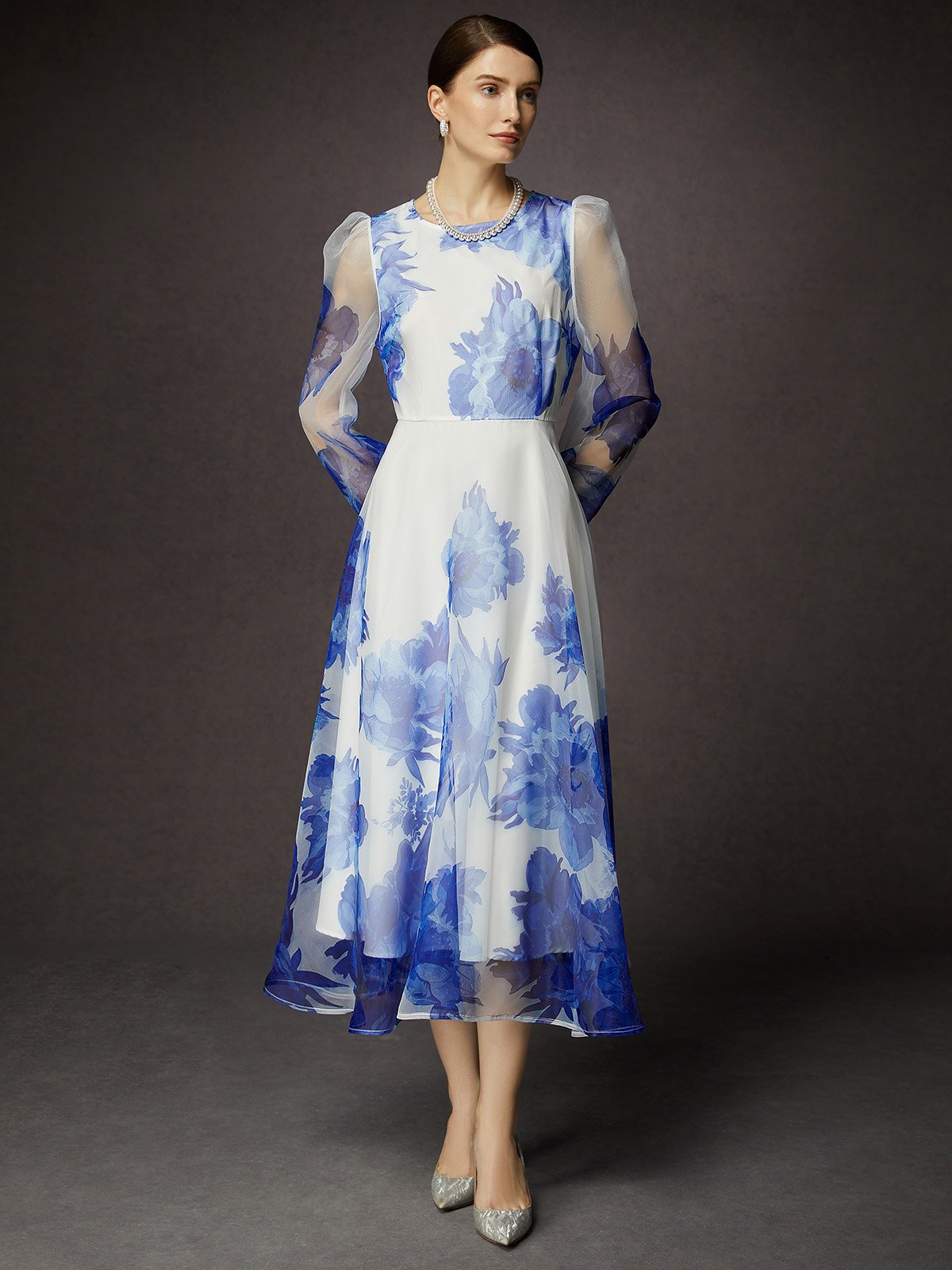 Crew Neck Elegant Floral Sheer Tulle Dress