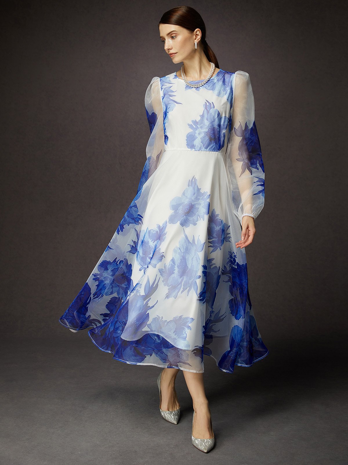 Crew Neck Elegant Floral Sheer Tulle Dress