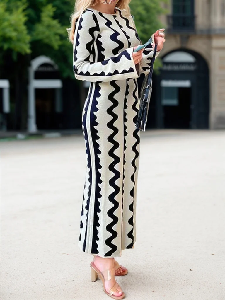 Elegant Crew Neck Chevron Sweater Maxi Dress With No Belt