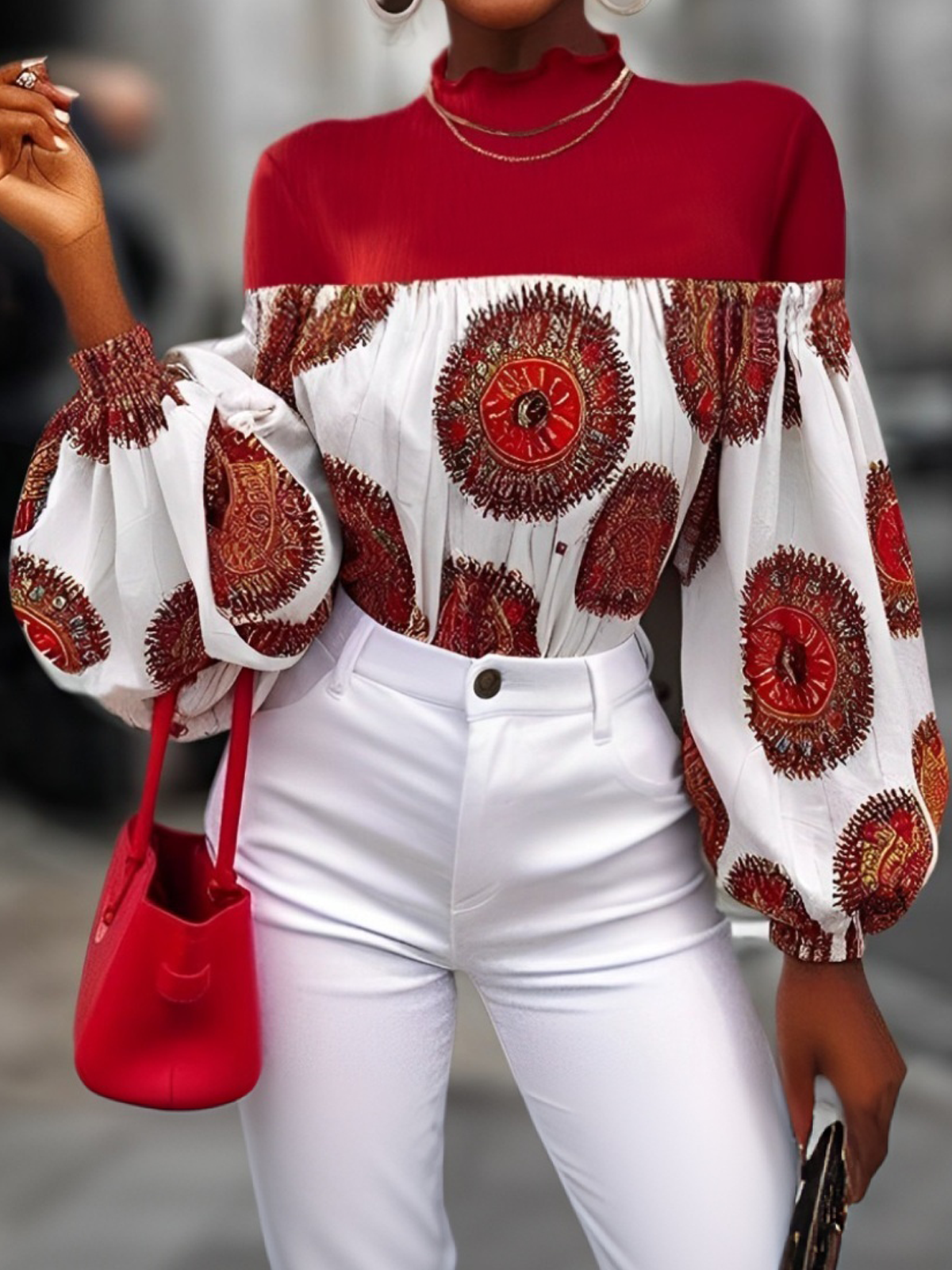 Elegant Geometric Balloon Sleeve Blouse