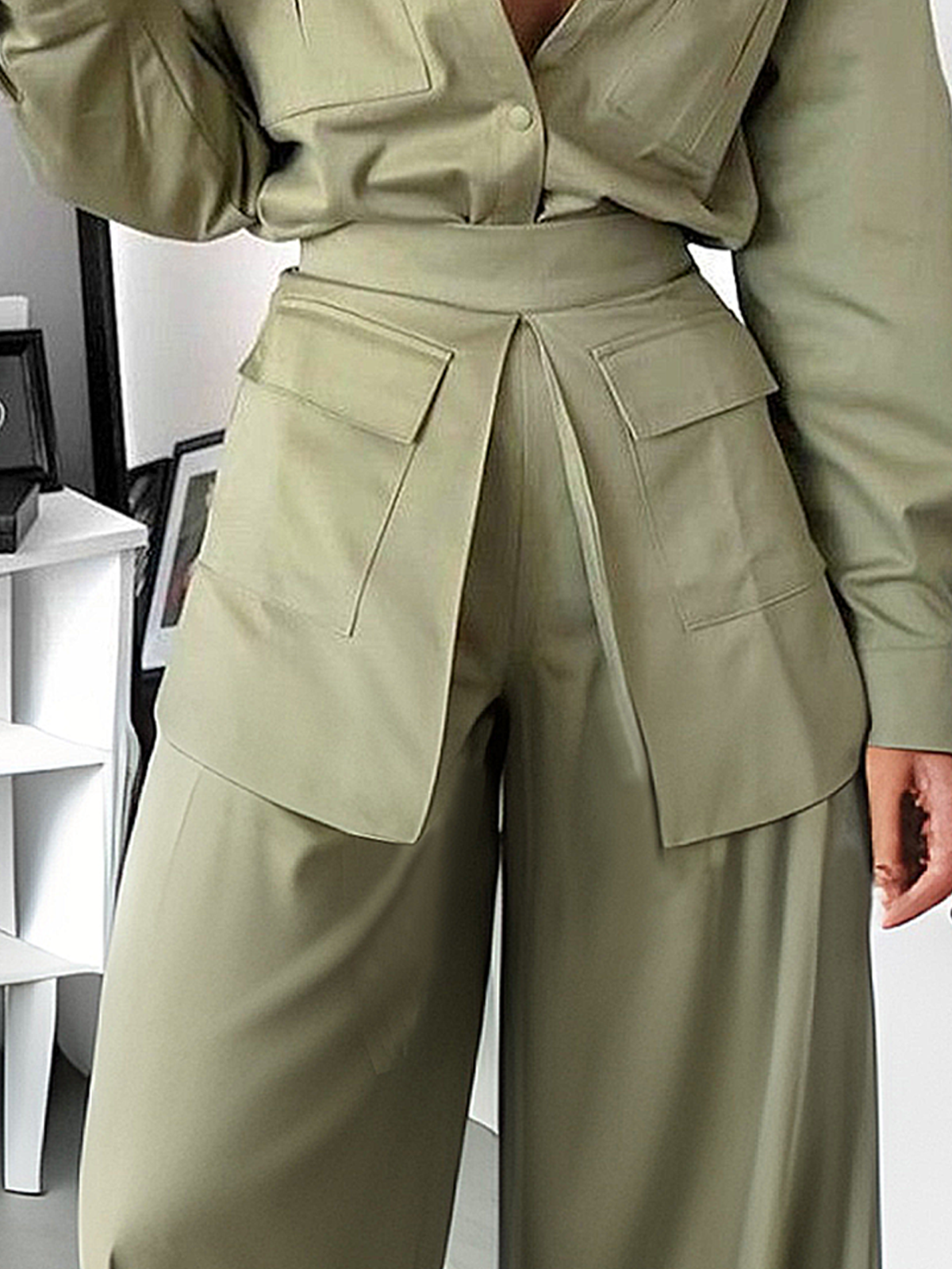 Casual Plain Pockets Wide Leg Pants