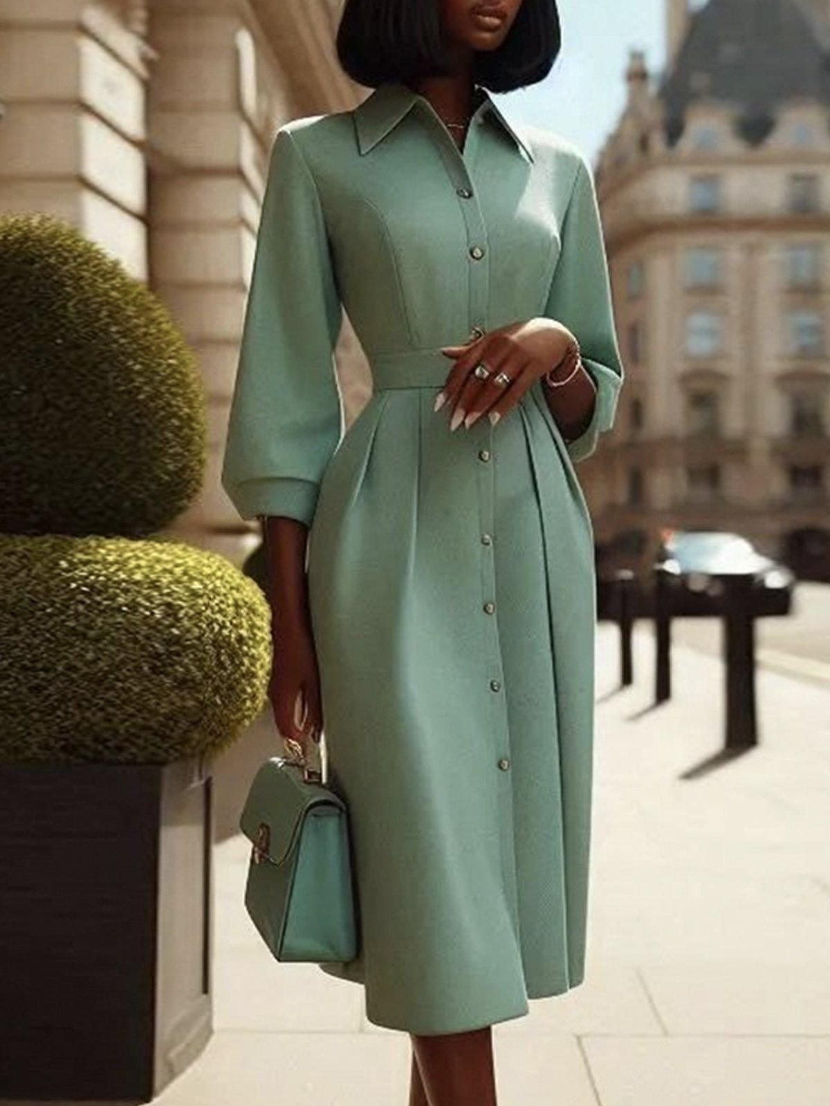 Elegant Plain Buttoned Shirt Dress