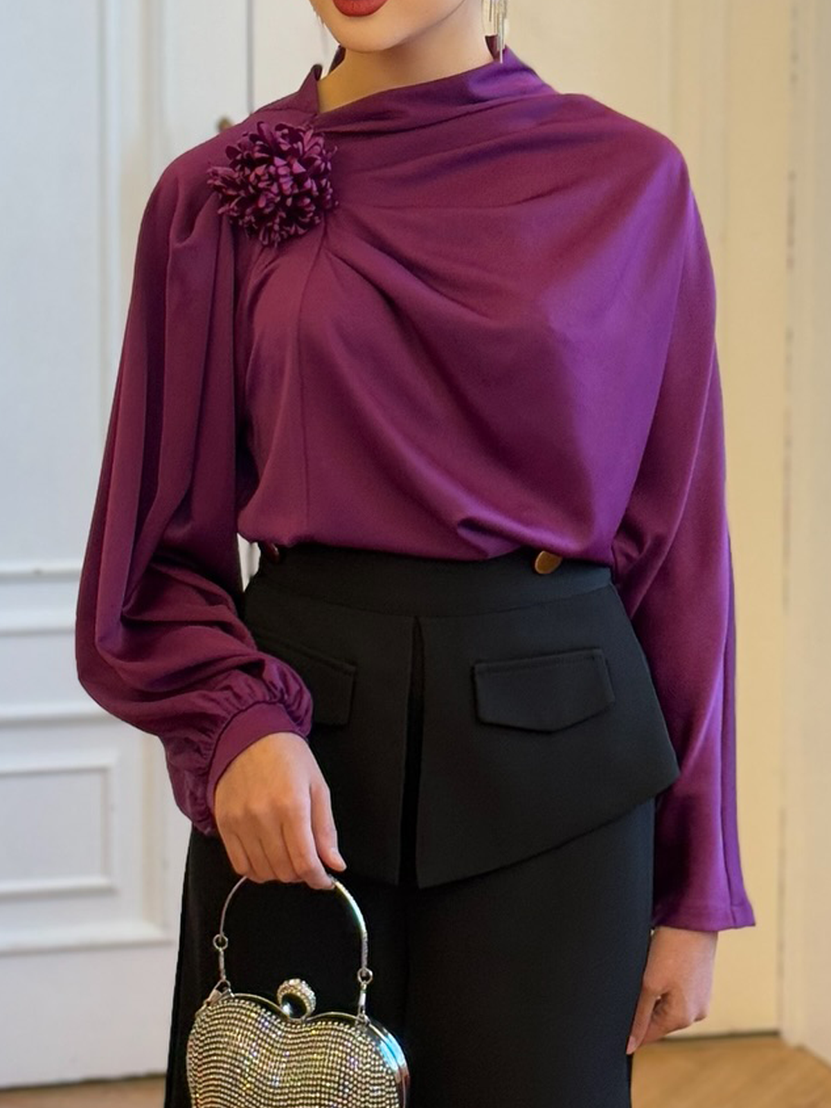 Elegant Plain 3D Floral Asymmetrical  Blouse