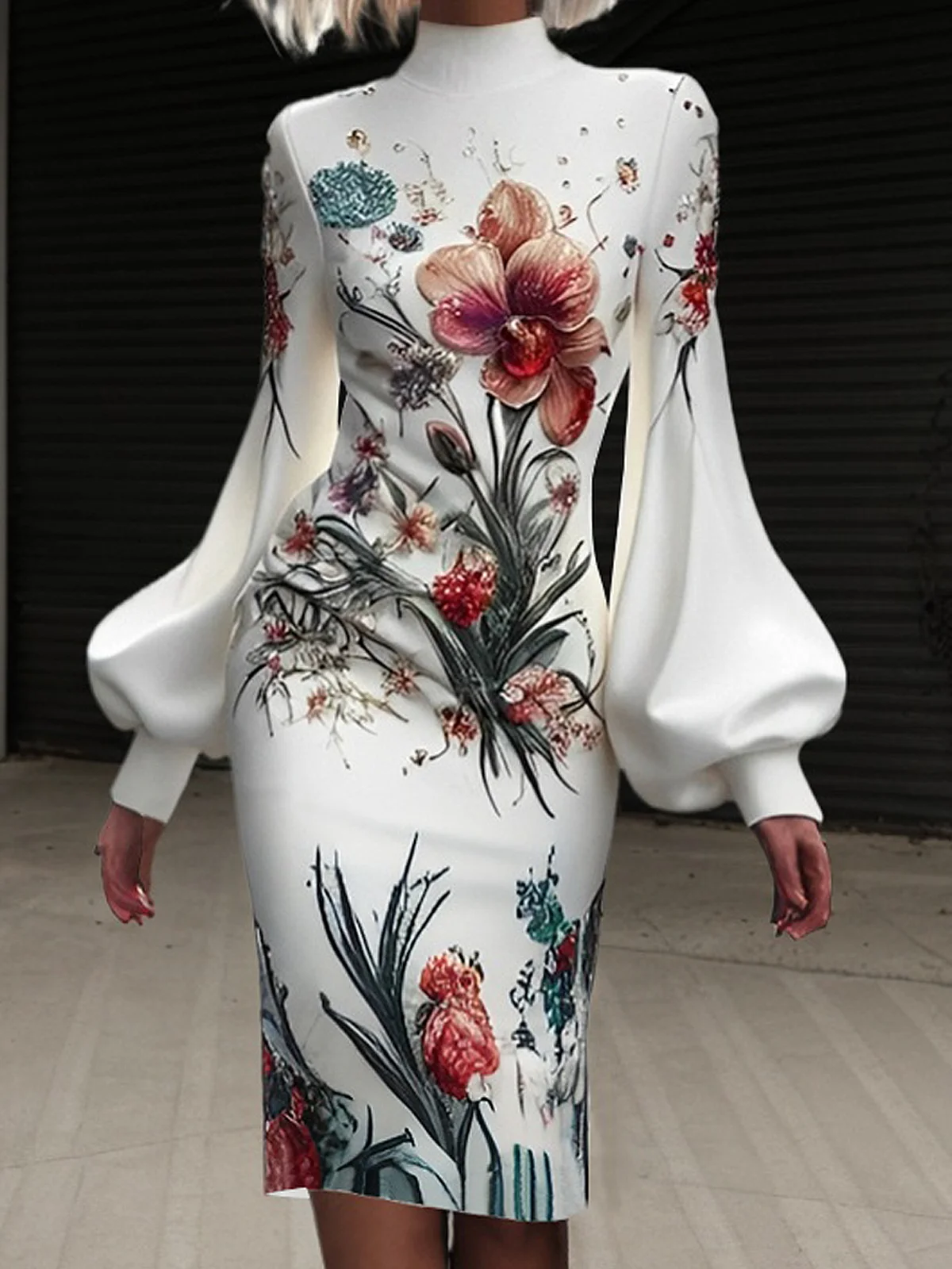 Elegant Floral Balloon Sleeve  Midi Dress