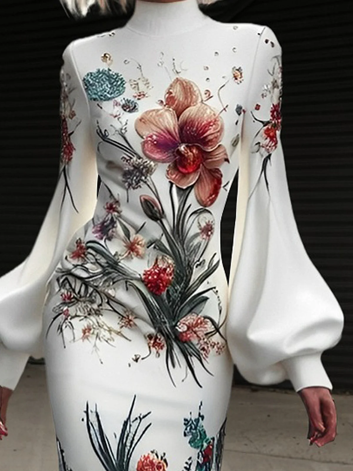 Elegant Floral Balloon Sleeve  Midi Dress