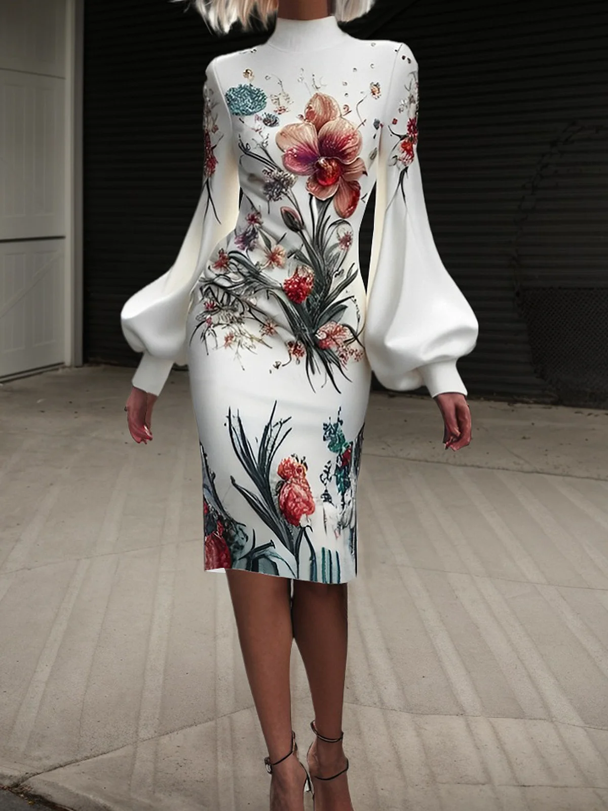 Elegant Floral Balloon Sleeve  Midi Dress