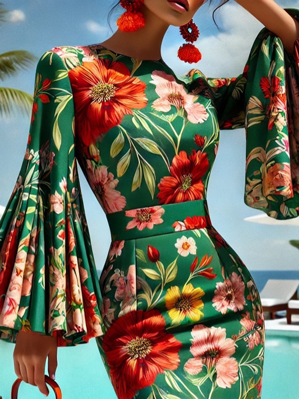 Elegant Floral Bell Sleeve Printing Crew Neck Dress