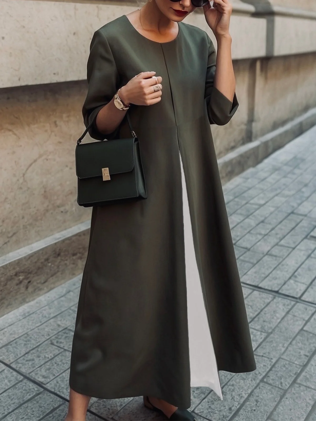 Casual Color Block Loosen Crew Neck Maxi Dress